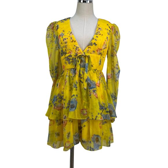 Mac Duggal Long-Sleeve V-Neck Mini Dress Anthropologie Yellow Printed Floral - Picture 1 of 12